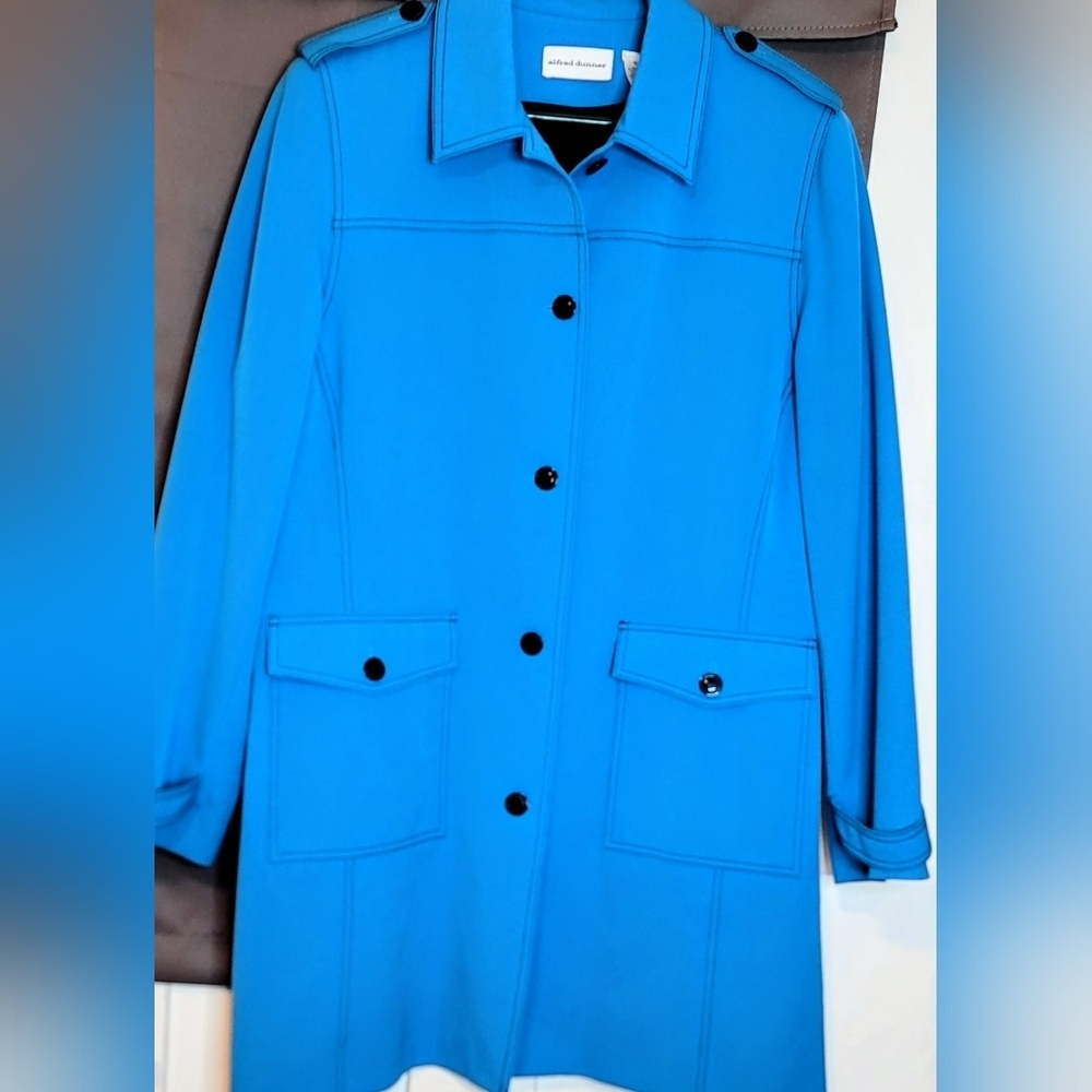 Alfred Dunner Blue Trench Coat Thick/Lined With Black Stitching And Pockets... - Picture 2 of 12